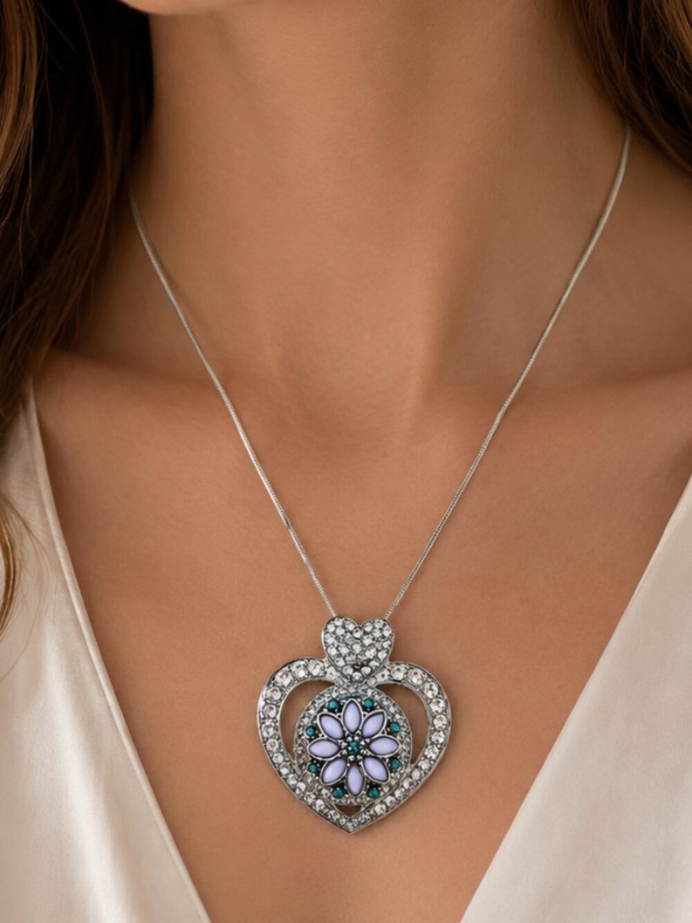 Silver Rhinestone Heart Snap Necklace Lavender Floral Snap Pendant